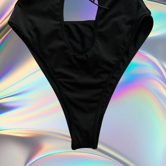 Black Cutout One-Piece Swimsuit with Tie Front & Gold Detail – Size Medium - Picture 6 of 10